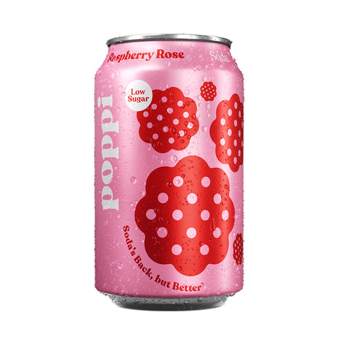 poppi raspberry rose low sugar soda with apple cider vinegar and prebiotics